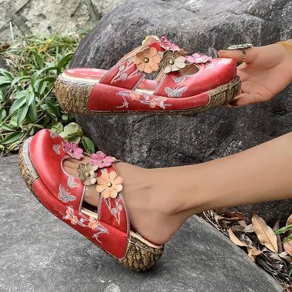 Nolene™ – Retro røde blomstersandaler i skinn