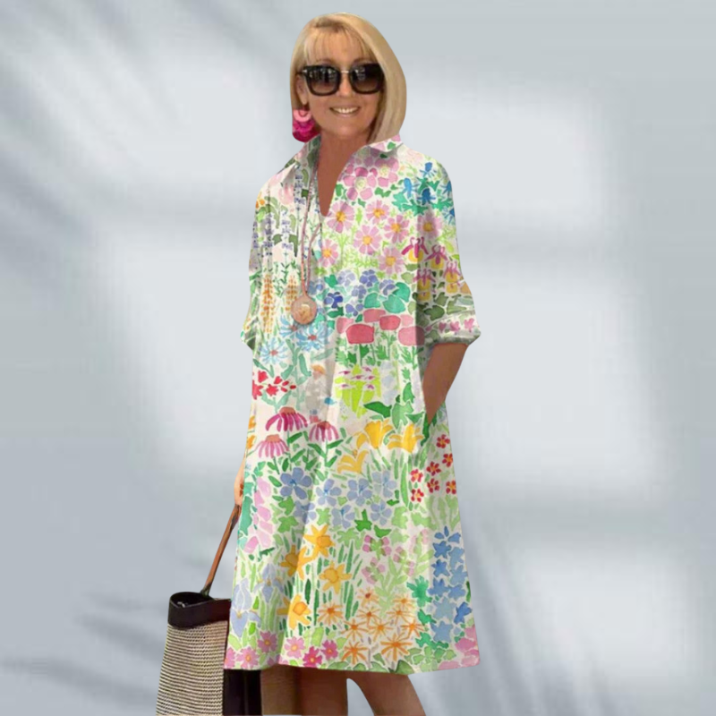 Chloe™ – Elegant blomstrete skjortekjole