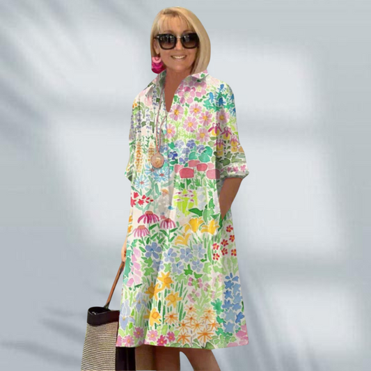 Chloe™ – Elegant blomstrete skjortekjole