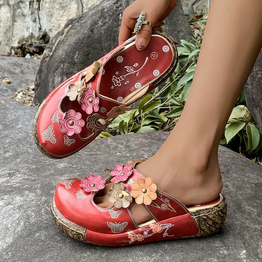 Nolene™ – Retro røde blomstersandaler i skinn