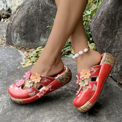 Nolene™ – Retro røde blomstersandaler i skinn